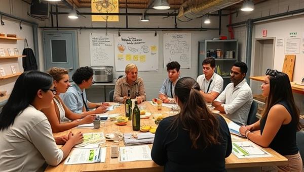 A virtual incubator setting with a diverse group of food entrepreneurs attending a mentorship session led by industry experts, engaging in collaborative discussions and networking activities, surrounded by concept sketches, product samples, and business plans, symbolizing innovation and culinary entrepreneurship in action.