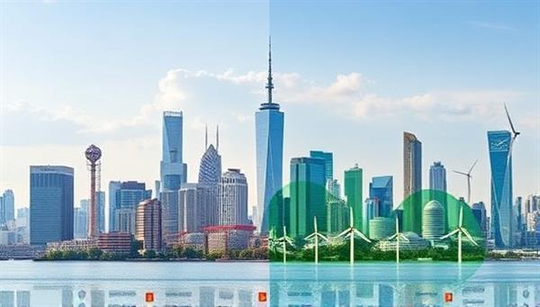 A city skyline split into two halves, with one side depicting traditional energy consumption methods causing pollution and the other side showcasing green technologies and clean energy solutions, symbolizing the transition towards a sustainable future.