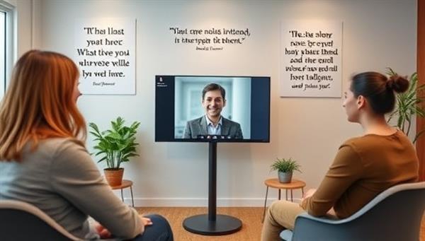A virtual coaching session setup with a coach providing feedback to a client via video call, both parties engaged in a mock interview scenario, surrounded by inspirational quotes and success stories on the walls, creating a supportive and professional coaching environment.