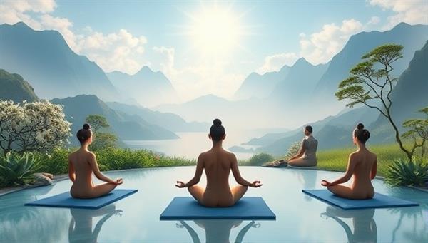 A serene virtual retreat setting featuring tranquil landscapes, soothing nature sounds, and peaceful meditation spaces where digital avatars engage in mindfulness practices, yoga poses, and relaxation exercises, creating a virtual sanctuary for inner peace and mental rejuvenation in a calming and rejuvenating virtual oasis.