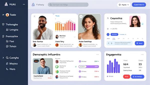 An engaging digital interface showcasing various influencers with demographic insights and engagement metrics, highlighting the platform