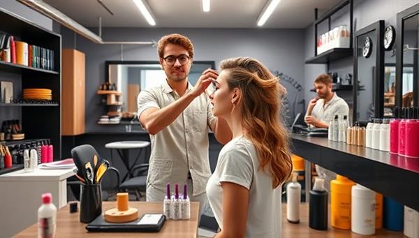 An engaging and dynamic virtual hairstyling workshop scene featuring a hairstylist demonstrating a trendy hairstyle on a model, surrounded by hairstyling tools and products, creating a vibrant and educational atmosphere.