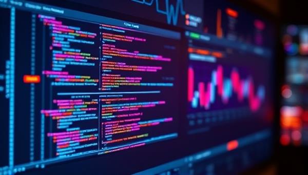 A futuristic interface displaying a computer screen with lines of code and colorful data visualizations, symbolizing the advanced AI technology powering the content creation platform.