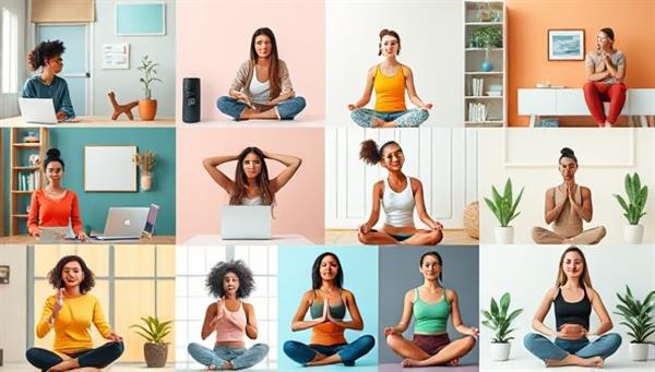 A vibrant digital collage featuring diverse wellness coaches and clients engaging in virtual consultations, workout sessions, and mindfulness practices, symbolizing connection and holistic well-being.
