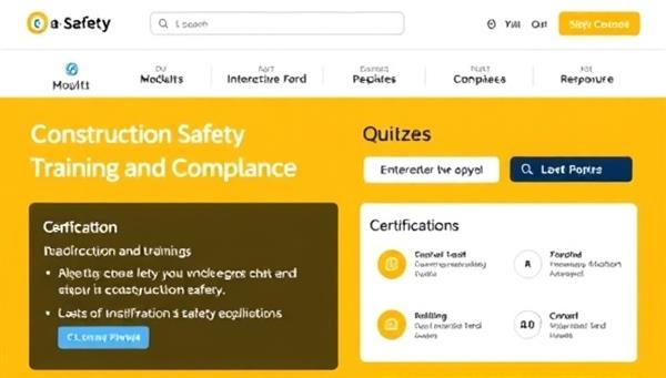 An online safety training portal interface featuring interactive modules, quizzes, and certification options, creating a virtual classroom environment focused on construction safety education and compliance.