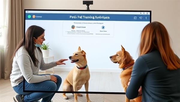 A virtual training session screen with a professional behaviorist guiding a pet owner through positive reinforcement techniques with their attentive dog or cat, displaying a harmonious and educational online pet training environment.