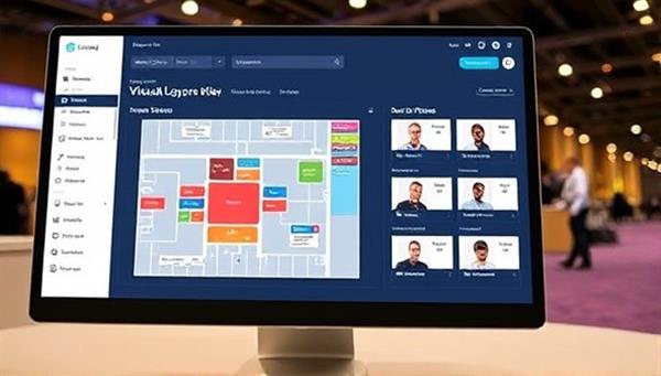 A visually engaging virtual event planning dashboard on a computer screen, showcasing a digital floor plan, vendor profiles, and event scheduling tools, highlighting the platform
