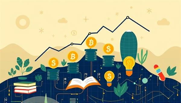 An innovative graphic showcasing a digital landscape with rising cryptocurrency symbols, intertwined with educational icons like books and lightbulbs, symbolizing growth and learning in the digital investment space.