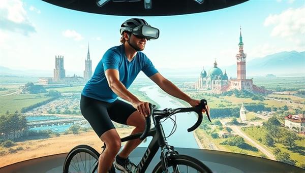 An immersive virtual reality setup with a cyclist wearing a VR headset, pedaling on a stationary bike through a digital landscape of scenic bike trails and landmarks, showcasing the futuristic and experiential nature of virtual bike tours.