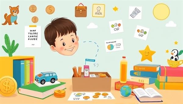 An educational and colorful visual featuring a child engaged in hands-on financial activities from the subscription box, such as counting coins, setting savings goals, and learning about budgeting concepts, surrounded by educational toys, books, and playful illustrations, inspiring a love for learning and financial empowerment in young minds.