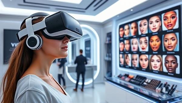 A sleek and futuristic beauty studio equipped with VR headsets and makeup simulation software, a client immersed in a virtual makeup experience, and a display showcasing the diverse makeup looks available in the VR beauty realm, creating a high-tech and transformative beauty journey beyond reality.