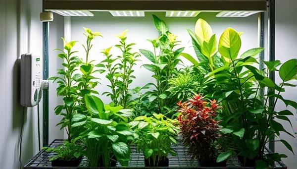 A vibrant and lush indoor garden setup with smart sensors, LED grow lights, and a variety of thriving plants, showcasing the convenience and beauty of smart gardening at home.