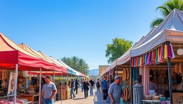 An outdoor pop-up market scene with colorful tents and stalls filled with handcrafted items, bustling with shoppers exploring the unique offerings, under a clear blue sky on a sunny day, evoking a vibrant and artisanal atmosphere.