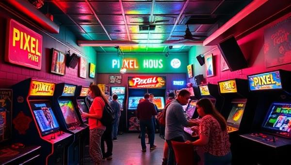 An eclectic bar setting with neon lights, retro arcade machines, and patrons enjoying drinks and gaming, creating a vibrant and nostalgic atmosphere reminiscent of the 80s arcade culture with a modern twist, capturing the essence of Pixel Playhouse Pub.