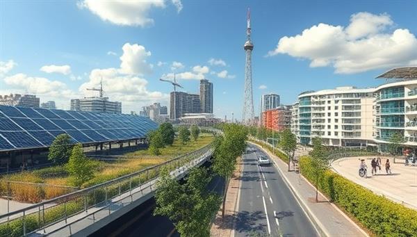 An urban landscape with sustainable infrastructure elements like solar panels, green spaces, and bike lanes, illustrating a vision of a sustainable city developed through the consultancy services of SustainCityConsult, promoting environmental stewardship and resilience.