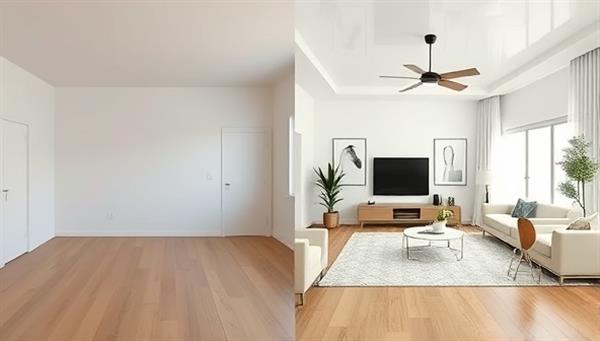 A split-screen image with one side showing an empty, dull room and the other side displaying the same room virtually staged with modern furniture and decor, highlighting the transformative power of virtual staging.