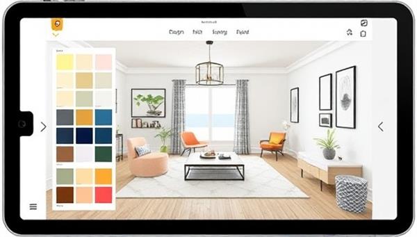 A digital tablet displaying a stylish virtual room design, with color swatches, furniture layouts, and decor elements, illustrating the concept of online interior design services in a modern and tech-savvy way.
