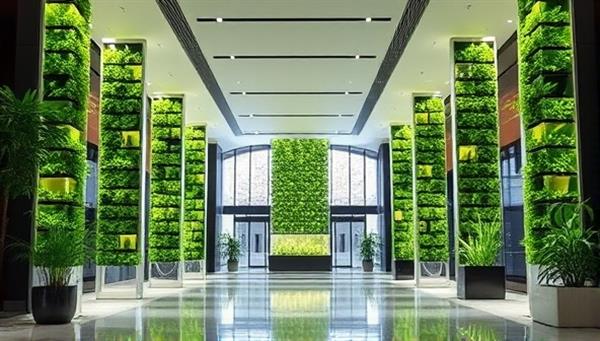 An elegant office lobby adorned with sleek vertical hydroponic towers filled with vibrant greens under soft LED lighting, creating a modern and sustainable urban oasis.
