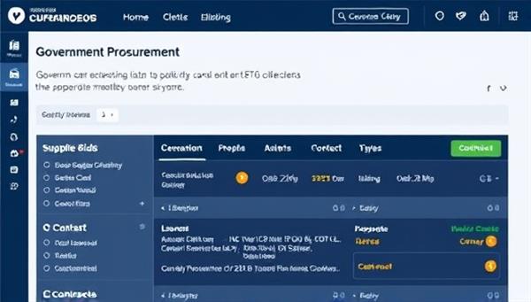An image of a digital platform interface displaying government procurement listings, supplier bids, and contract details, illustrating the platform