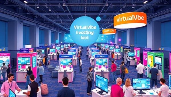 An immersive digital illustration of a virtual event space filled with interactive booths, engaging activities, and virtual attendees networking and participating in various online sessions, capturing the vibrant and dynamic essence of VirtualVibe Events