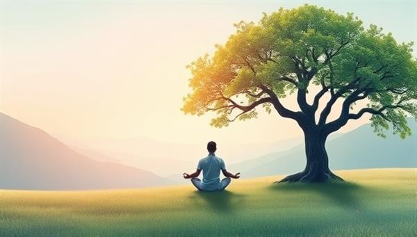 A serene digital landscape with a person meditating under a tree, surrounded by calming colors and symbols of mental wellness, representing the personalized mindfulness and therapy tools offered by Mindful Pathways.