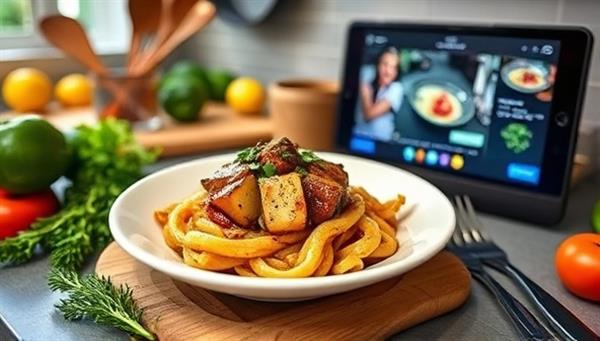 An appetizing image of a beautifully plated dish prepared during a live cooking session from CookingCanvas, showcasing fresh ingredients, kitchen utensils, and a digital screen displaying the cooking tutorial, inviting viewers to join the culinary journey of the online cooking class subscription service.