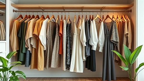 An elegant wardrobe filled with stylish and sustainable clothing items, displayed in a virtual closet setting with eco-friendly labels, natural textures, and green fashion elements, highlighting the concept of sustainable fashion rental.
