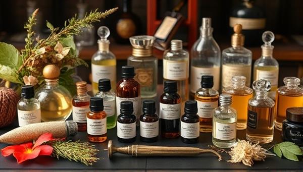An elegant and artistic display of various essential oils, fragrance notes, and blending tools arranged on a table, surrounded by botanical elements and vintage perfume bottles, evoking a sense of luxury and creativity in fragrance blending.