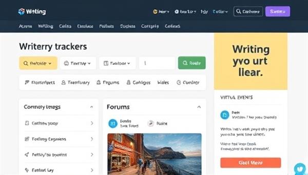 An online writing community platform interface displaying writing progress trackers, community forums, virtual event schedules, and motivational quotes, creating a vibrant and supportive space for writers to connect and thrive.