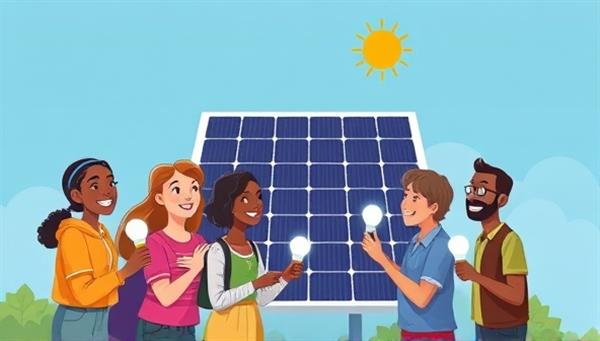 An engaging illustration featuring a diverse group of community members gathered around a solar panel installation, exchanging smiles and holding energy-saving light bulbs, reflecting the spirit of collaboration and sustainability fostered by SunShare Community