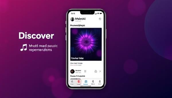 An engaging app interface showcasing the MelodAI Discover home screen with vibrant album covers, personalized playlists, and mood-based music recommendations, inviting users to explore new music experiences and discover hidden gems.