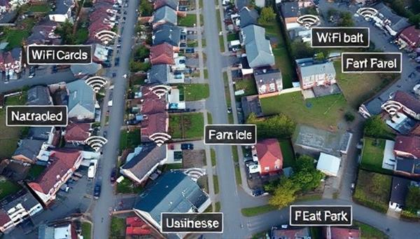 An aerial view of a neighborhood with Wi-Fi signals extending from shared access points, connecting homes, parks, and businesses, illustrating the community connectivity and digital inclusion facilitated by NeighborhoodNet.