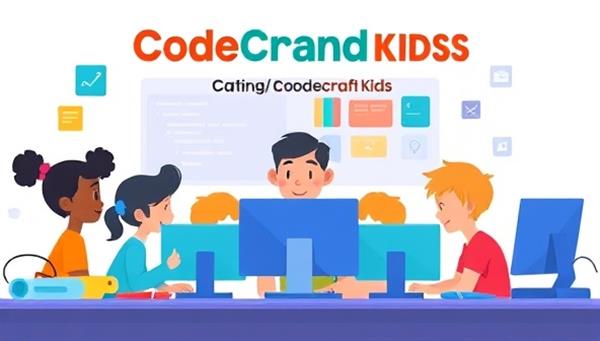 An illustration of a group of children participating in a virtual coding class on the CodeCraft Kids platform, with colorful code blocks, computers, and a friendly instructor, highlighting the interactive and educational nature of the coding bootcamp for kids.