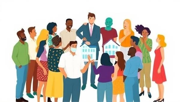 An illustrative depiction of diverse individuals standing together with symbolic real estate property icons united in a circle, representing the collaborative spirit and shared ownership principles of TogetherInvest in a visually impactful and inclusive manner.