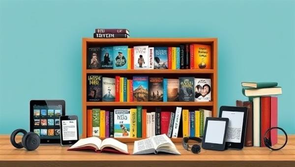 A digital bookshelf displaying a collection of e-books in various genres and styles, surrounded by e-readers, tablets, and reading accessories, symbolizing the convenience and accessibility of digital publishing and e-book distribution services offered by the platform.