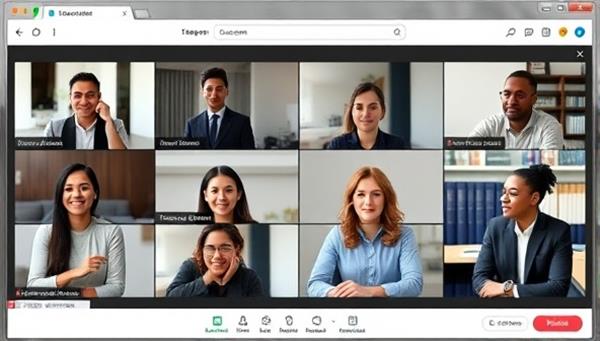 An online platform interface with a diverse group of small business owners engaging in a virtual government contracting workshop, showcasing collaboration and empowerment.