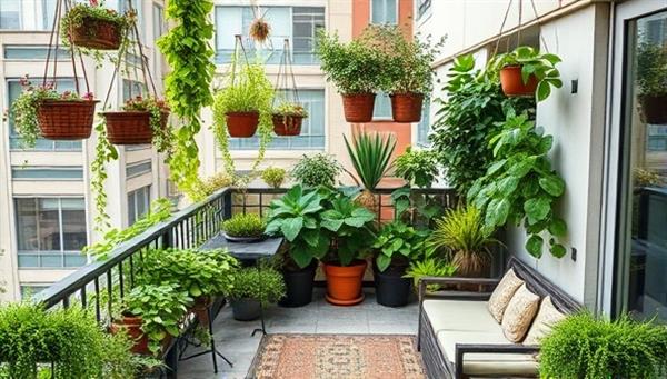 An urban balcony transformed into a lush green oasis with hanging plants, vertical gardens, and cozy seating, showcasing the potential of urban garden design in small spaces.