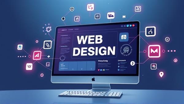 An illustration of a futuristic AI system creating a web design masterpiece, with virtual design elements floating around a computer screen, conveying innovation and creativity.