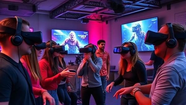 An exciting VR lounge setting with customers wearing VR headsets, immersed in virtual worlds, interacting with each other and experiencing thrilling adventures, showcasing the immersive and engaging nature of the VR gaming experience.