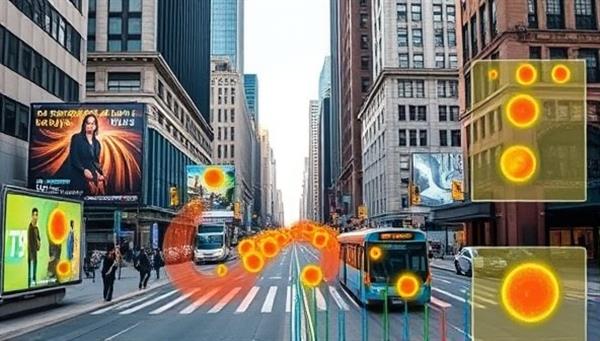 An urban cityscape with strategically placed billboards and transit ads, overlaid with data visualizations and heat maps indicating foot traffic patterns and consumer engagement hotspots, highlighting the data-driven approach of AdSpaceInsight in outdoor advertising placement.