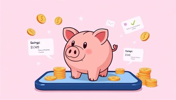 An illustration of a friendly digital piggy bank on a smartphone screen, surrounded by virtual coins and savings goals, representing the concept of automated savings and financial goal tracking in a visually appealing and relatable manner.