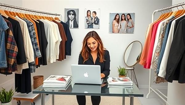 A sleek and modern virtual styling studio setup with a stylist working on a laptop, surrounded by racks of clothes, fashion magazines, and inspirational mood boards, creating a chic and trendy atmosphere.