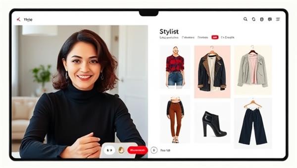 A sleek and modern virtual styling session interface showing a stylist and a client interacting through video call, with fashion mood boards and outfit suggestions displayed on the screen, creating a stylish and interactive experience.