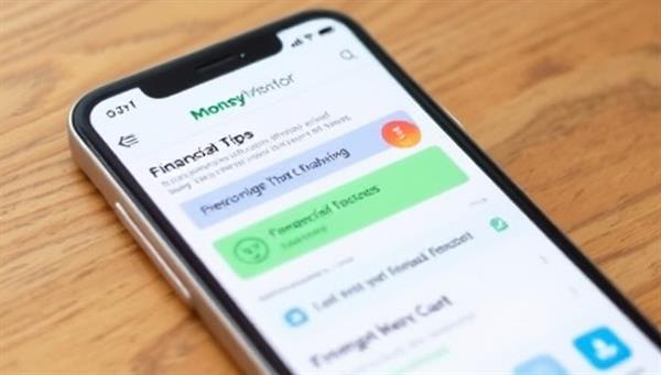 A smartphone displaying the MoneyMentor app interface with personalized financial tips, budget tracking features, and a chat function with a financial coach, symbolizing accessibility and guidance in personal finance management.
