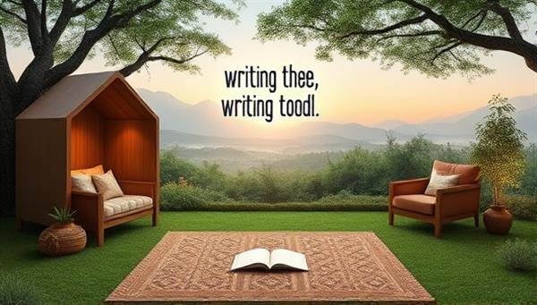 A serene digital landscape featuring a virtual writing retreat setup with cozy writing nooks, inspirational quotes, and virtual group sessions in progress, creating a tranquil and motivating environment for writers to thrive and create together.
