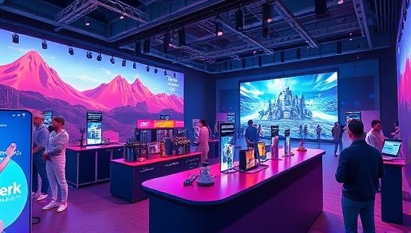 An immersive virtual environment illustration featuring a seamless integration of branded products into a virtual event scene, gaming landscape, and augmented reality setting, with digital avatars interacting with the products organically, showcasing the non-intrusive and engaging nature of virtual product placements.