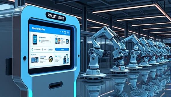 A sleek and futuristic mobile device repair kiosk featuring a touchscreen interface for selecting repair services, robotic arms working on fixing a smartphone, and a queue of devices awaiting repair, illustrating speed and efficiency in device repair.