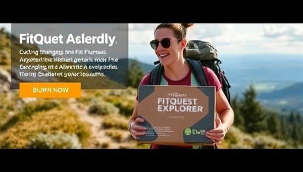 An adventurous outdoor scene featuring a hiker with a FitQuest Explorer box, exploring a scenic trail with fitness challenges along the way, showcasing the blend of fitness and nature in the subscription experience.