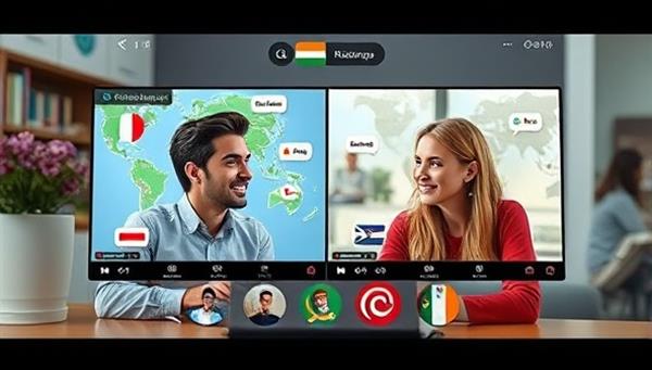 An engaging visual of a virtual language exchange session, featuring two individuals from different countries engaging in a lively conversation via video call while practicing vocabulary and cultural expressions, reflecting diversity and connectivity.
