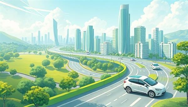 An illustration of a futuristic cityscape with electric and hybrid vehicles seamlessly moving through green landscapes, showcasing a sustainable and eco-friendly transportation ecosystem powered by GreenRide Share.